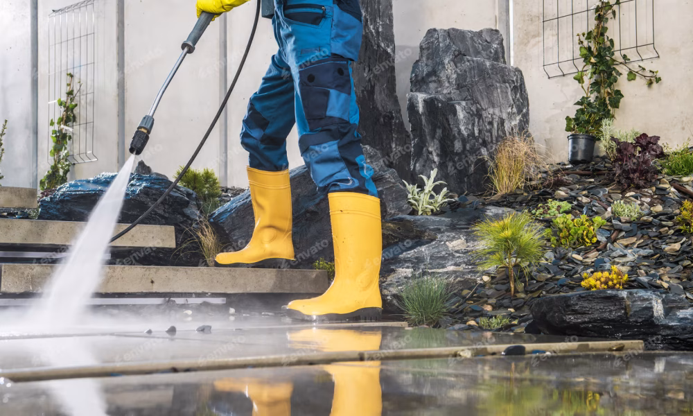 men pressure washing his garden architectural concrete elements 626c0a3659768
